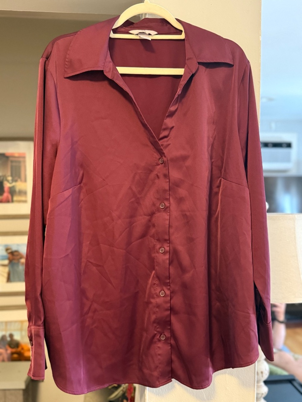 H&M Satin Button-Front Blouse in Deep Burgundy